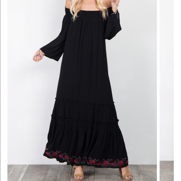 Pinkblush Dresses & Skirts - PinkBlush Black Off Shoulder Embroidered Hem Dress